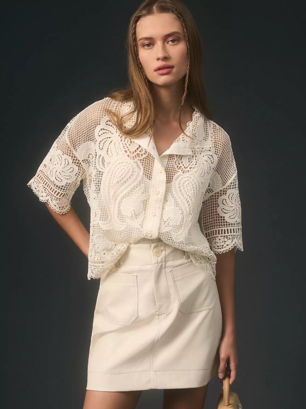Anthropologie Farm Rio Short-Sleeve Guipure Lace Buttondown Shirt NWT
